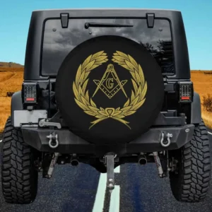 Gold laurel wreath Masonic square compass spare tire cover with no camera hole for Jeep RV