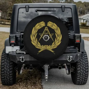 Gold laurel wreath Masonic square compass spare tire cover with camera hole for Jeep RV