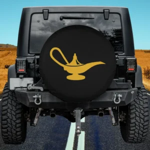 Gold magic lamp silhouette on black cat spare tire cover without camera hole