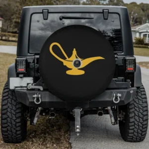 Gold magic lamp silhouette on black cat spare tire cover with camera hole