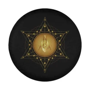 Geometric gold Masonic compass and star Freemason design for spare tire cover