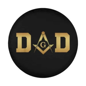 Gold Masonic symbol and DAD lettering on black spare tire cover design