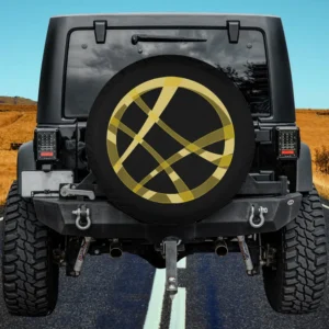 Gold Sanctum Sanctorum logo Marvel Comics spare tire cover with no camera hole on travel trailer