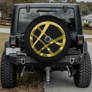 Gold Sanctum Sanctorum logo Marvel Comics spare tire cover with backup camera hole for travel trailer