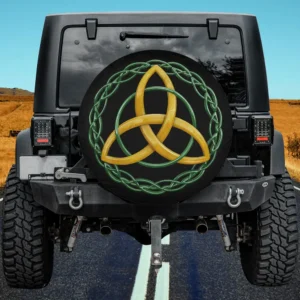 Gold trinity knot with green Celtic border spare tire cover no camera hole for Jeep