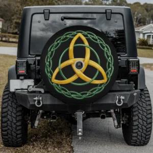 Gold trinity knot green Celtic border spare tire cover with camera hole for SUV RV
