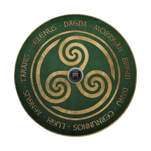 Gold triskelion green circle with Celtic gods names spare tire cover design