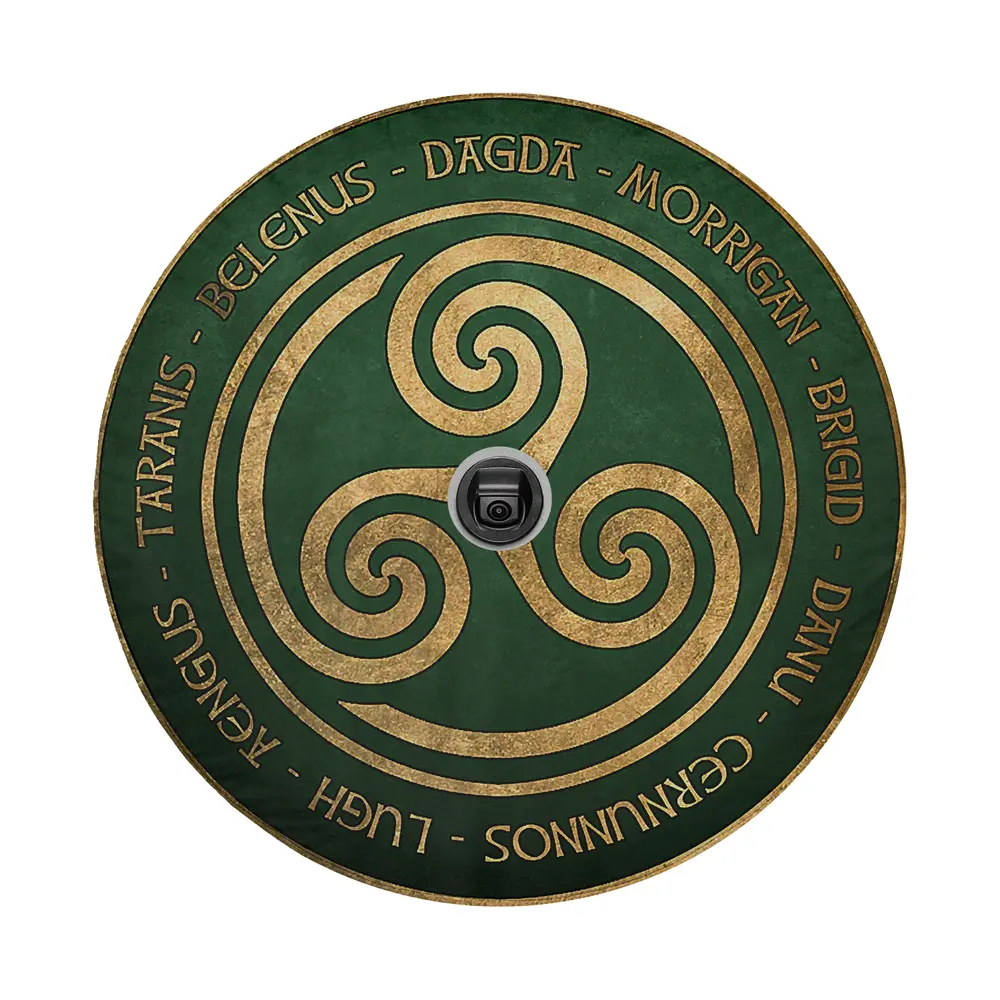 Gold triskelion green circle with Celtic gods names spare tire cover design