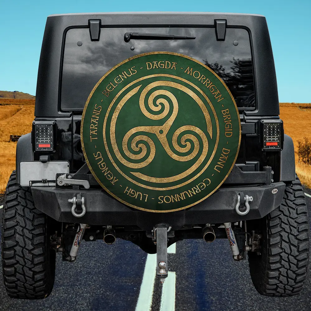 Gold triskelion green circle Celtic gods spare tire cover with no camera hole