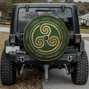 Gold triskelion green circle Celtic gods spare tire cover with backup camera hole