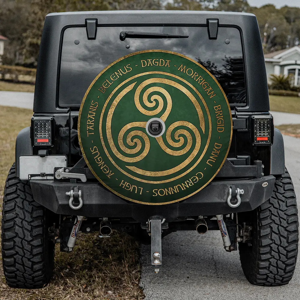 Gold triskelion green circle Celtic gods spare tire cover with backup camera hole