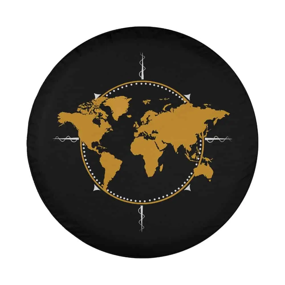 Gold world map compass graphic design for camper spare tire cover