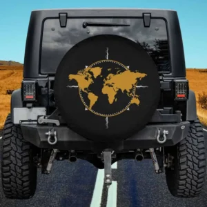 Gold world map compass graphic camper spare tire cover with no camera hole for Jeep, RV, SUV