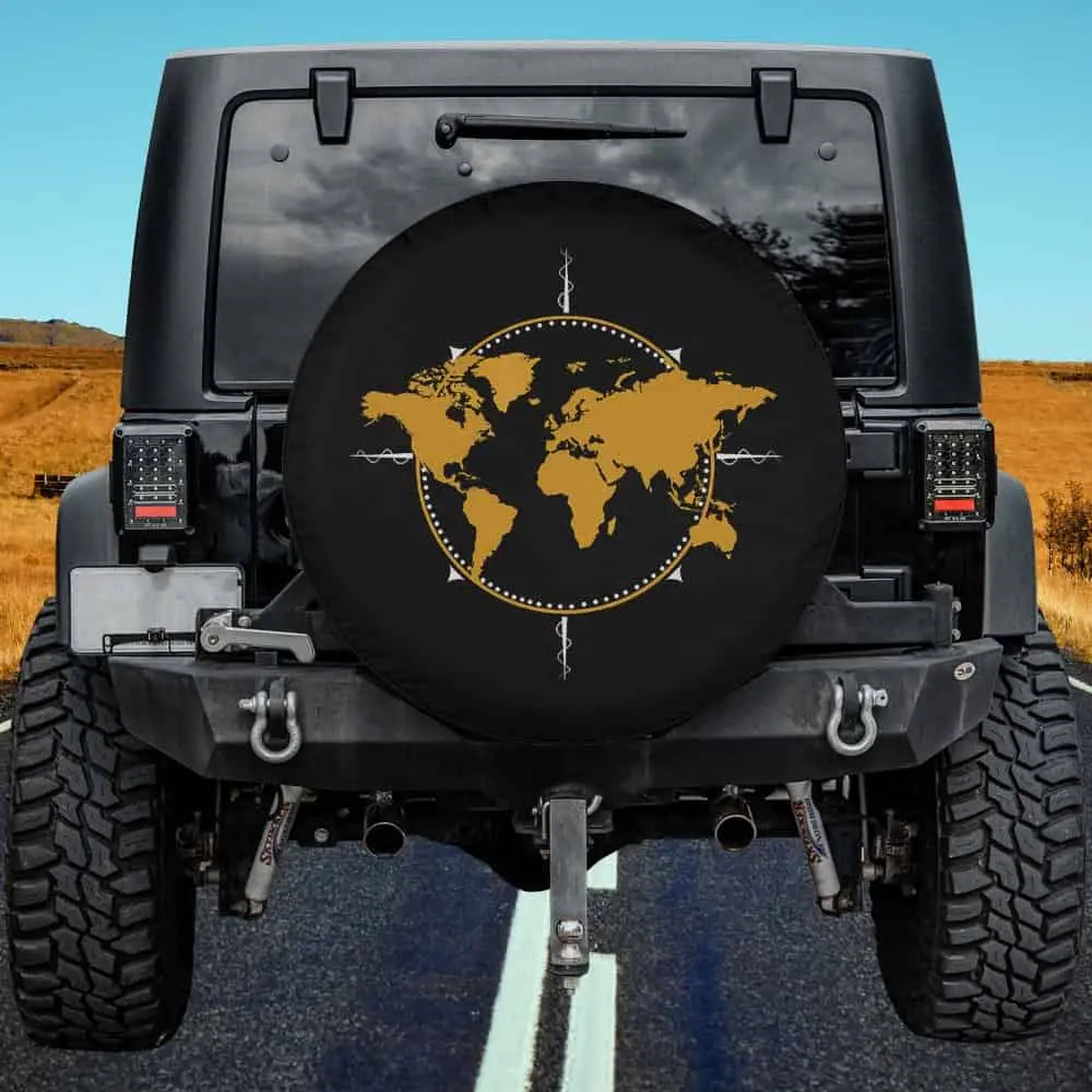 Gold world map compass graphic camper spare tire cover with no camera hole for Jeep, RV, SUV