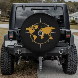 Gold world map compass graphic camper spare tire cover with backup camera hole for Jeep, RV, SUV