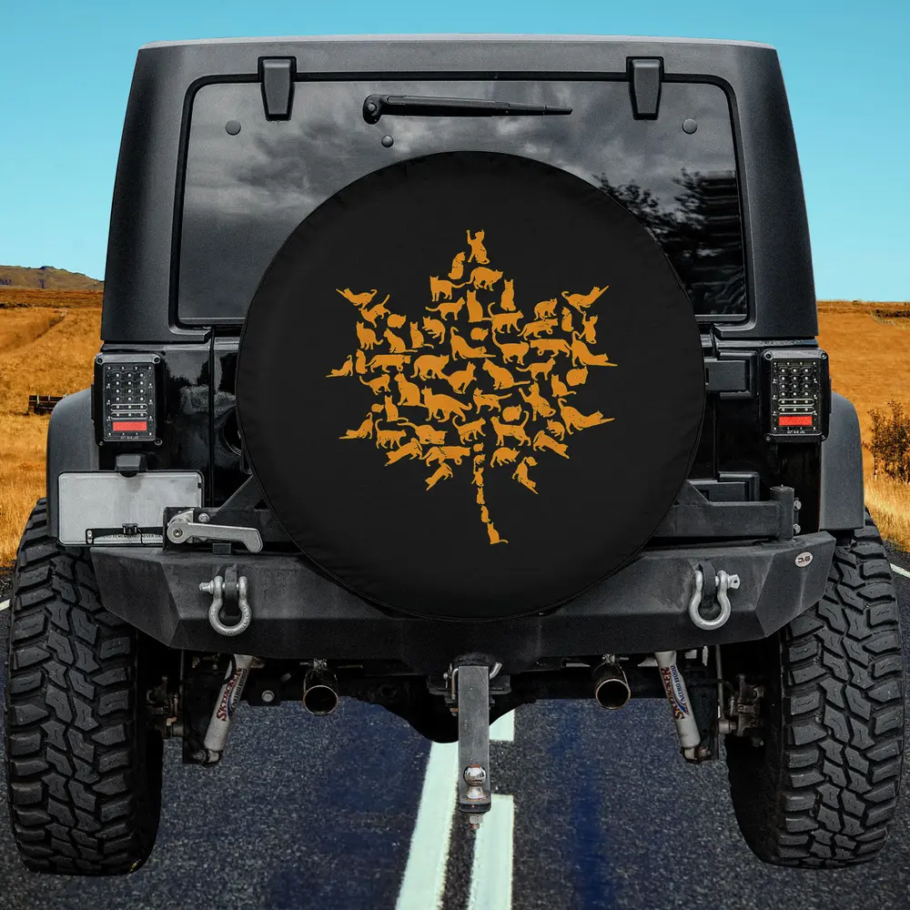 golden cat silhouettes maple leaf autumn spare tire cover no camera hole