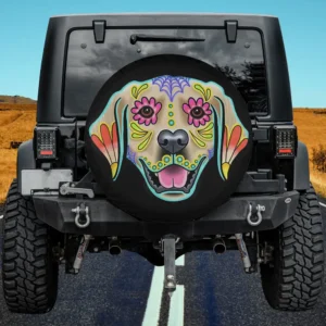 Golden retriever sugar skull dog day of the dead spare tire cover with no camera hole for Jeep, SUV, RV