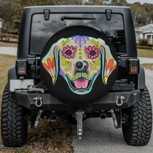 Golden retriever sugar skull dog day of the dead spare tire cover with backup camera hole for Jeep, SUV, RV