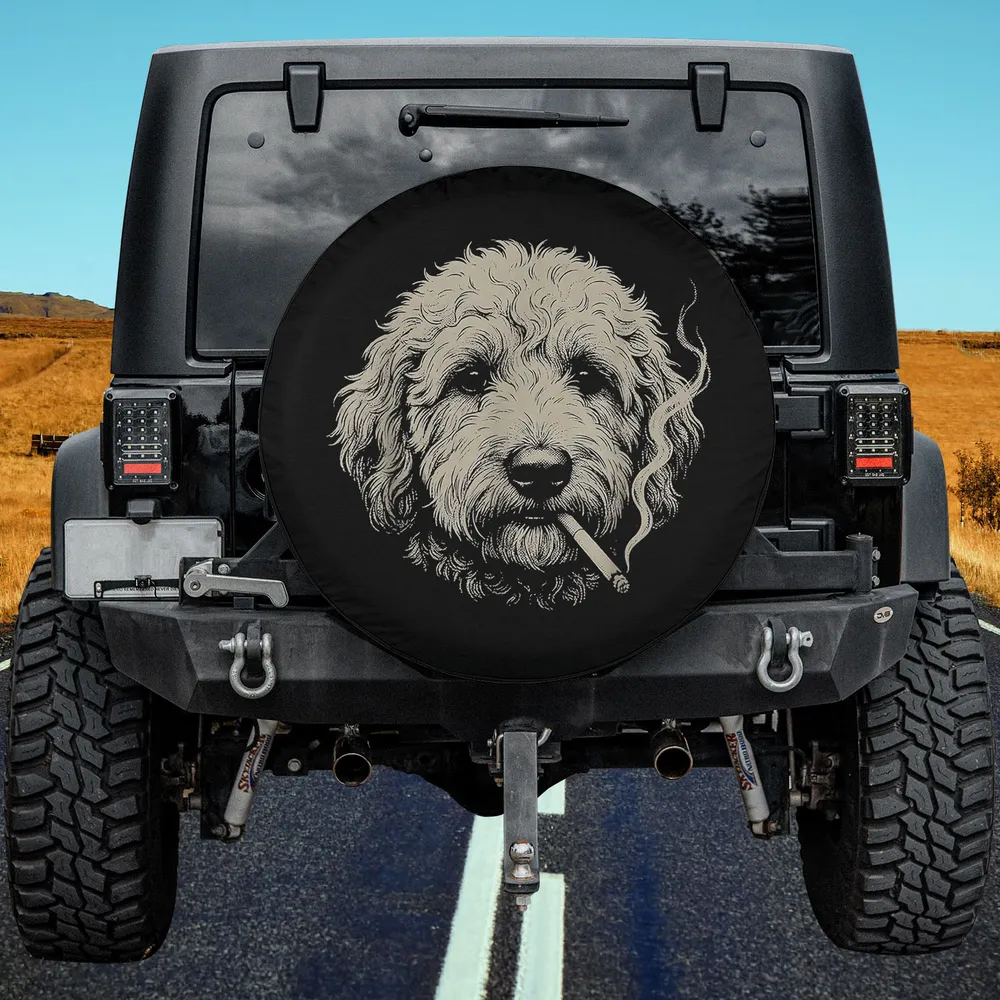 Goldendoodle smoking cigarette funny meme spare tire cover on Jeep