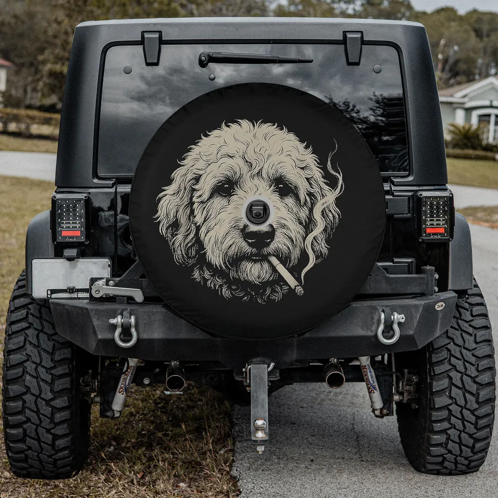 Goldendoodle smoking cigarette meme spare tire cover with camera hole