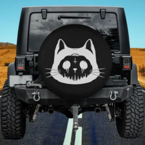 Gothic occult cross dripping eyes cat spare tire cover on Jeep with no camera hole
