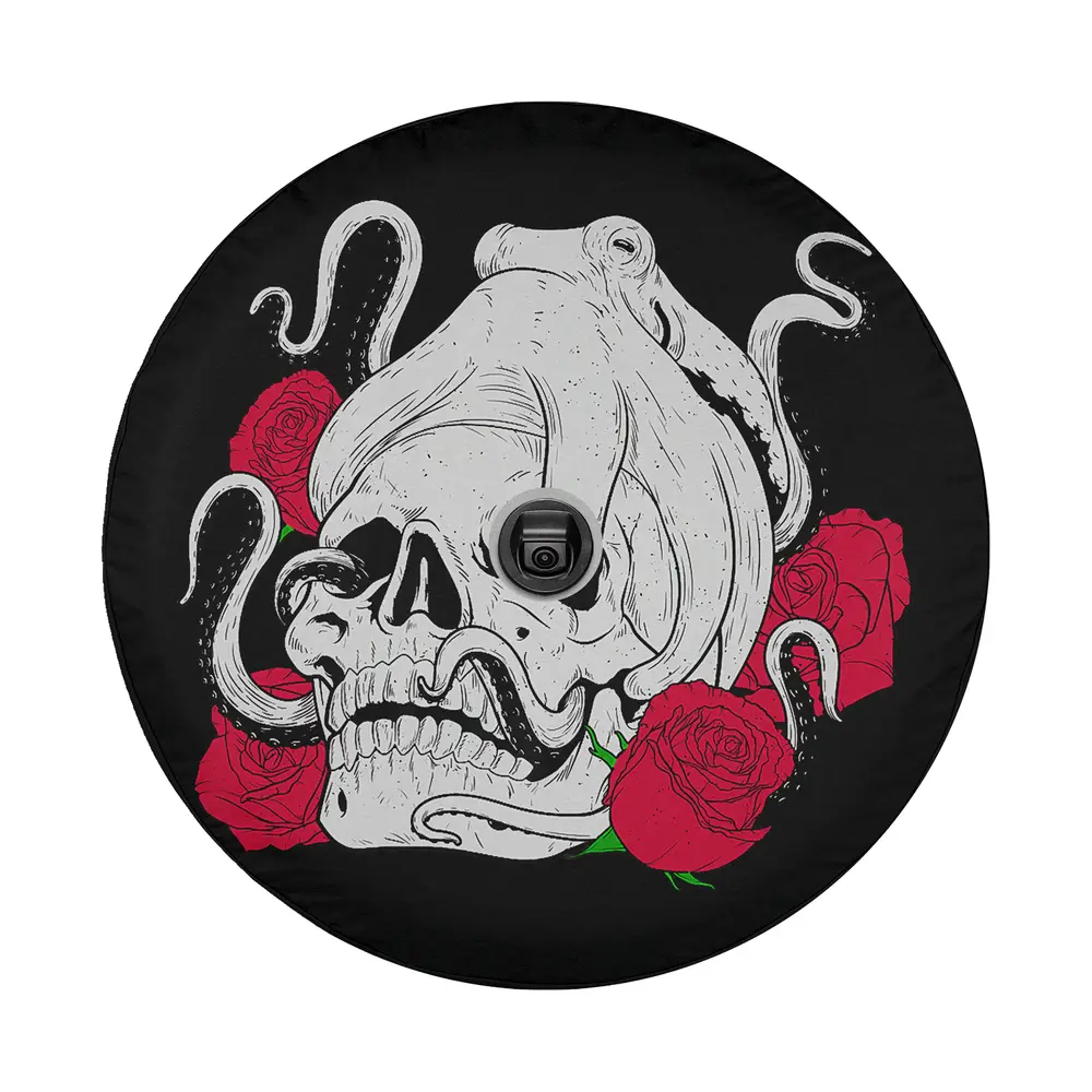 Halloween octopus and skull with red roses spare tire cover design only