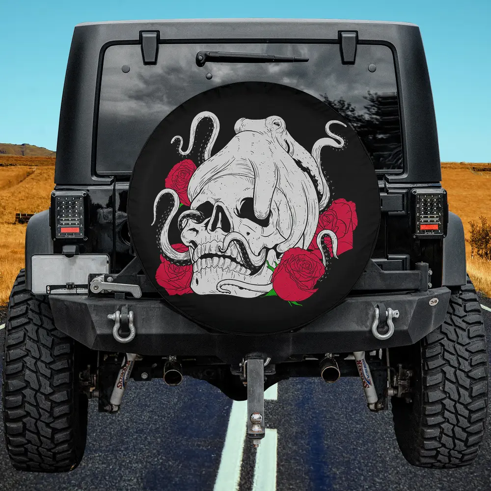 Gothic skull octopus red roses spare tire cover with bold Halloween design, no camera hole