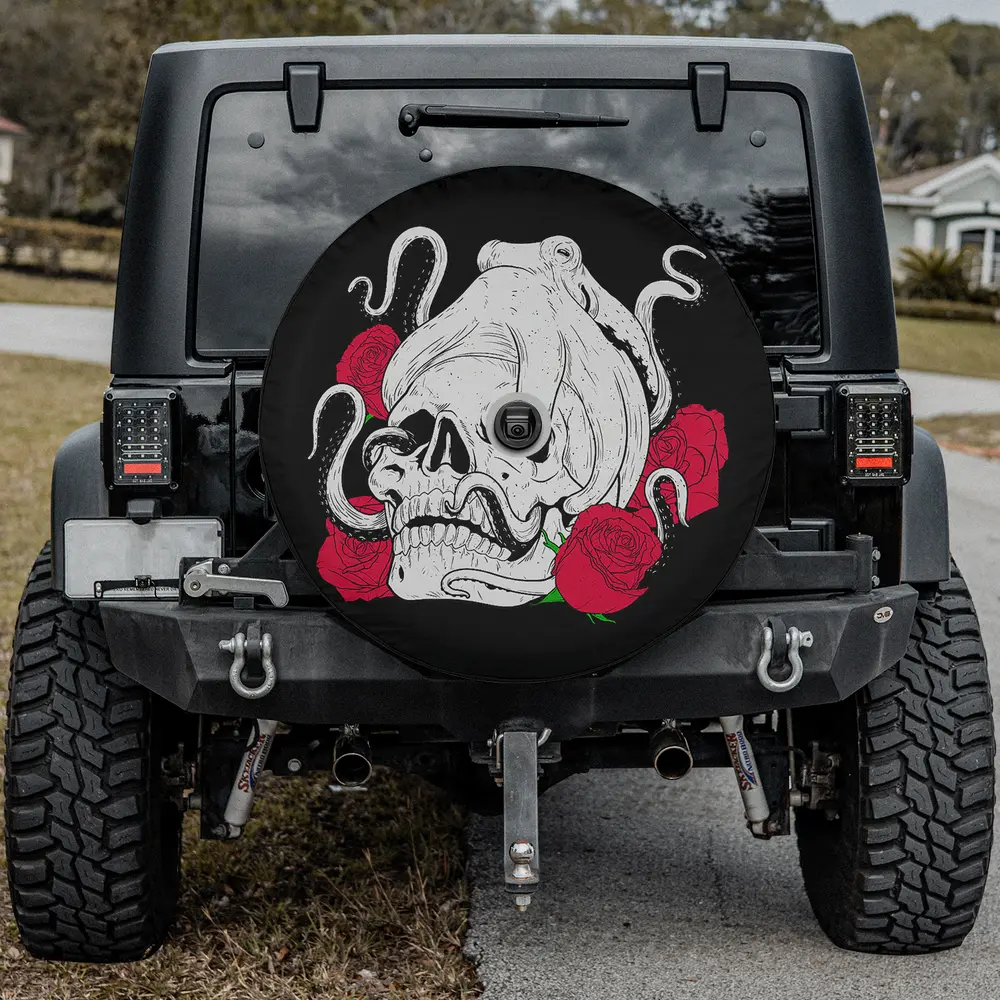 Gothic skull octopus red roses spare tire cover for Jeep with backup camera hole