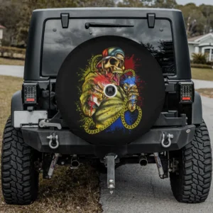 graffiti skeleton with gold chain and spray cans street art spare tire cover with camera hole