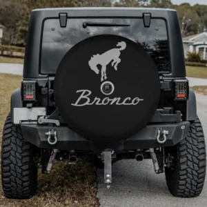 Gray Bronco script logo spare tire cover for Ford Bronco with camera hole