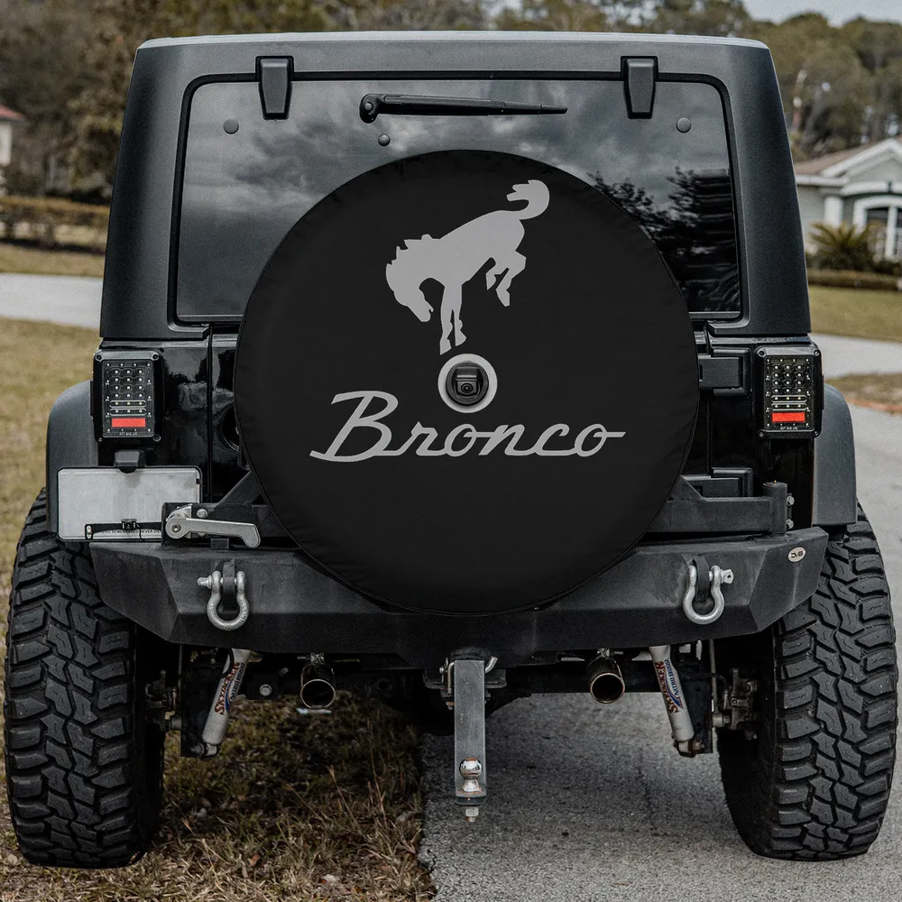 Gray Bronco script logo spare tire cover for Ford Bronco with camera hole