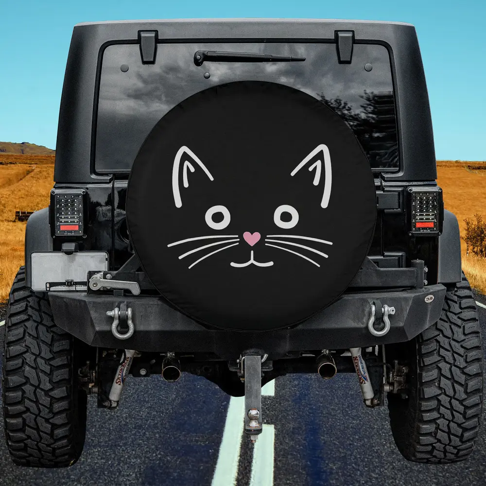 Gray cat heart nose face spare tire cover with cute minimalist design for Jeep, SUV, RV