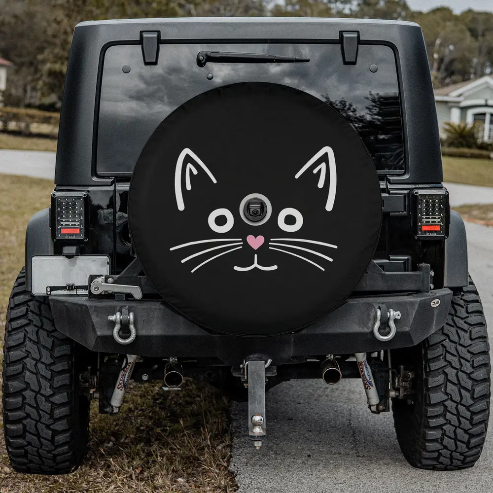 Gray cat heart nose face spare tire cover with backup camera hole for Jeep, SUV, RV