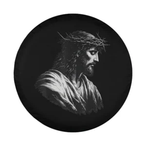 Grayscale Jesus Christ with crown of thorns religious faith design for spare tire cover