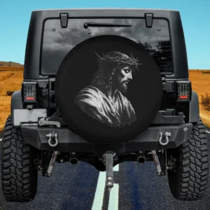 Grayscale Jesus Christ crown of thorns religious faith spare tire cover on Jeep with no camera hole