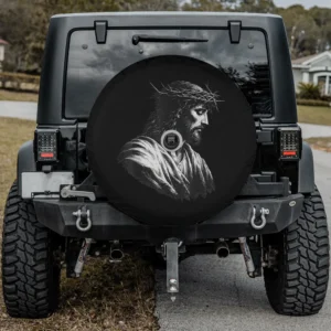 Grayscale Jesus Christ crown of thorns religious faith spare tire cover for backup camera vehicles