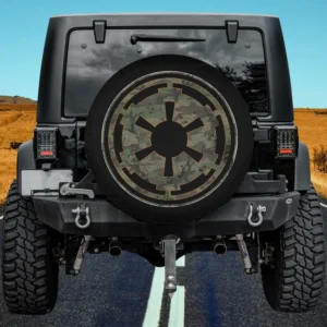 Green camo distressed empire logo spare tire cover for Land Rover Defender with no camera hole