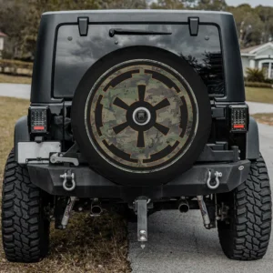 Green camo distressed empire logo spare tire cover for Land Rover Defender with camera hole