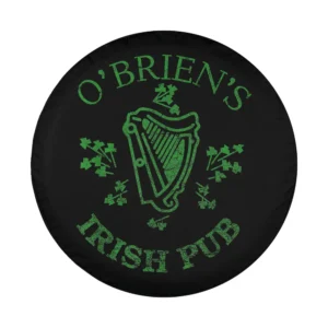 Design of green distressed harp and shamrocks Irish pub spare tire cover for St. Patrick's Day