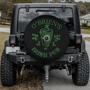 Green distressed harp and shamrocks Irish pub spare tire cover with camera hole for SUV