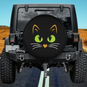 Green eyes orange ears cat face halloween spare tire cover no camera hole for Jeep RV
