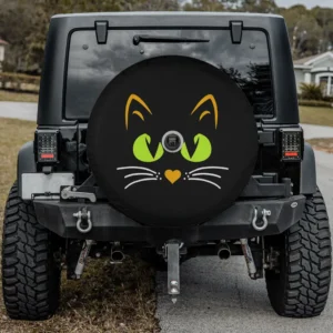 Green eyes orange ears cat face halloween spare tire cover with camera hole for Jeep RV