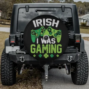 Irish gaming spare tire cover with green controllers and shamrocks, backup camera hole
