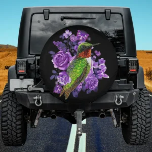 Green hummingbird with purple roses and butterflies spare tire cover no camera hole