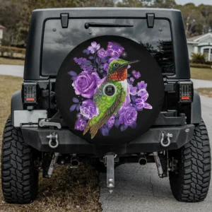 Green hummingbird with purple roses and butterflies spare tire cover with camera hole