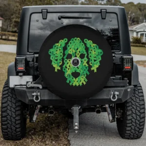 Green ribbon dog face awareness spare tire cover with camera hole for Jeep SUV RV