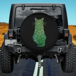 Green shamrock cat silhouette St Patricks Day spare tire cover with no camera hole
