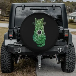 Green shamrock cat silhouette St Patricks Day spare tire cover with camera hole