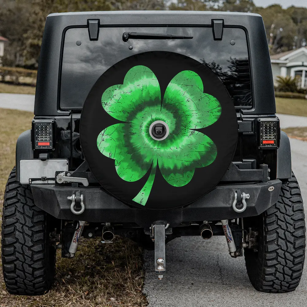 Green tie dye shamrock swirl St. Patrick's Day spare tire cover with camera hole for Jeep SUV RV