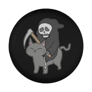 cartoon grim reaper riding cat halloween tire cover design only